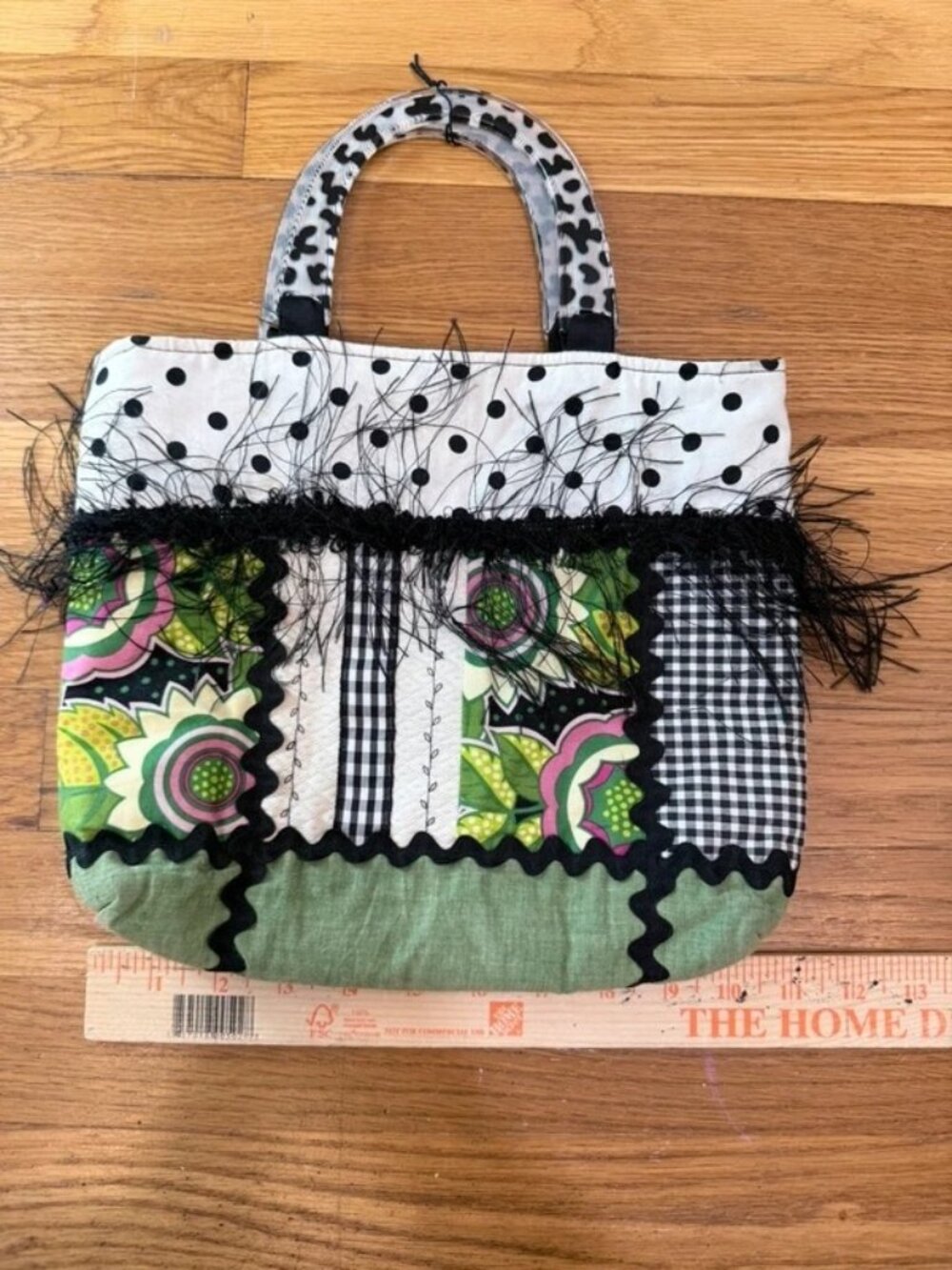 OOAK Handmade Patchwork Polka Dot Eyelash Fringe Bold Lucite Handle Tote